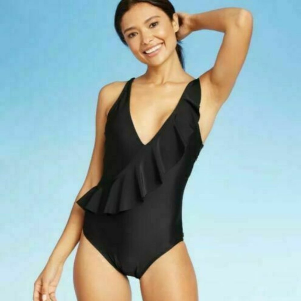 Kona Sol Ruffle High Coverage One Piece Swimsuit Small Summer Beach Black